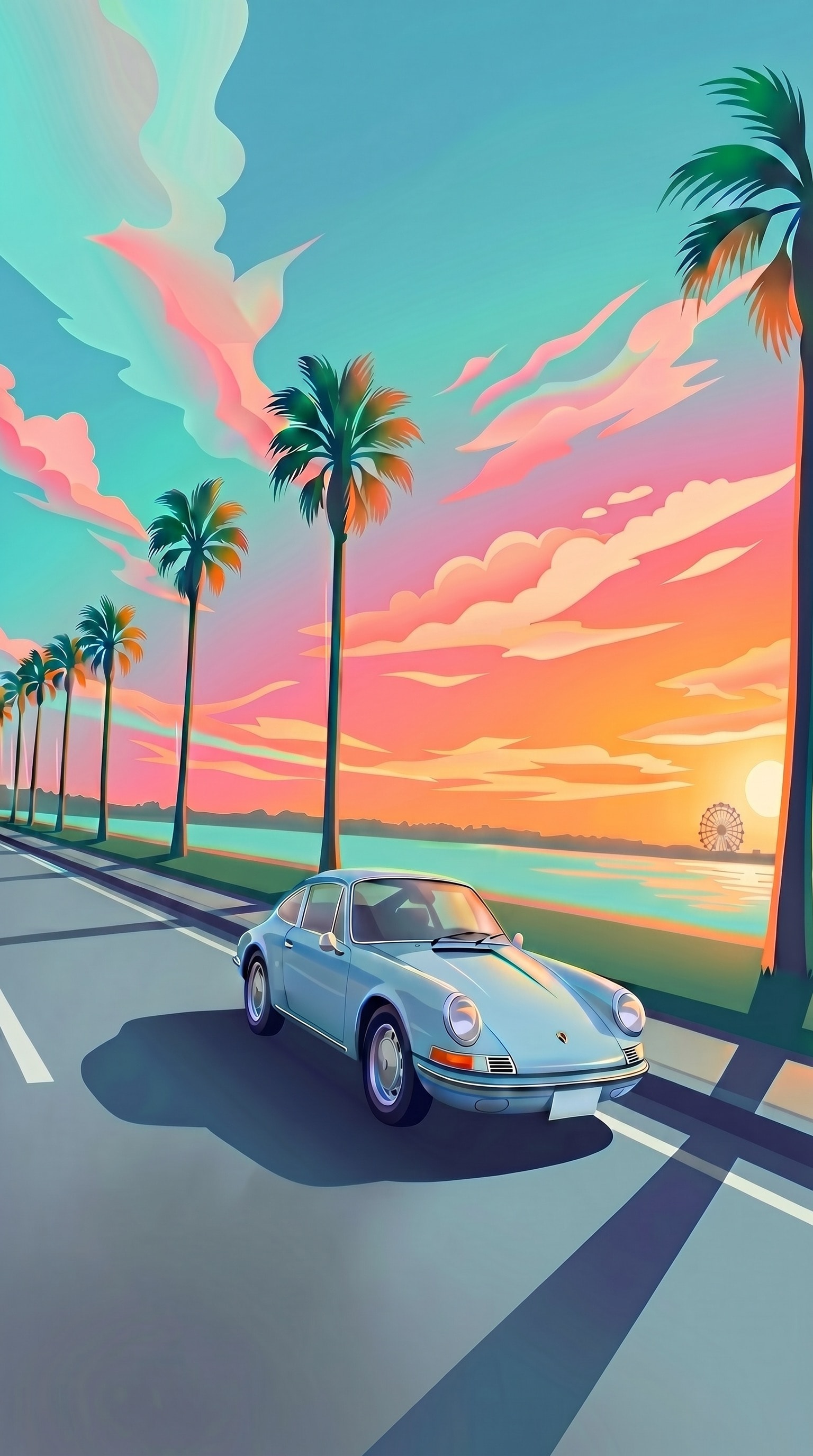 ポルシェ912（1969年式）のイラスト — 海辺の夕景